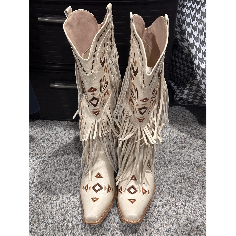 Women's Off White Western Fringe Boots Southwestern Embroidered Snip Toe Boho